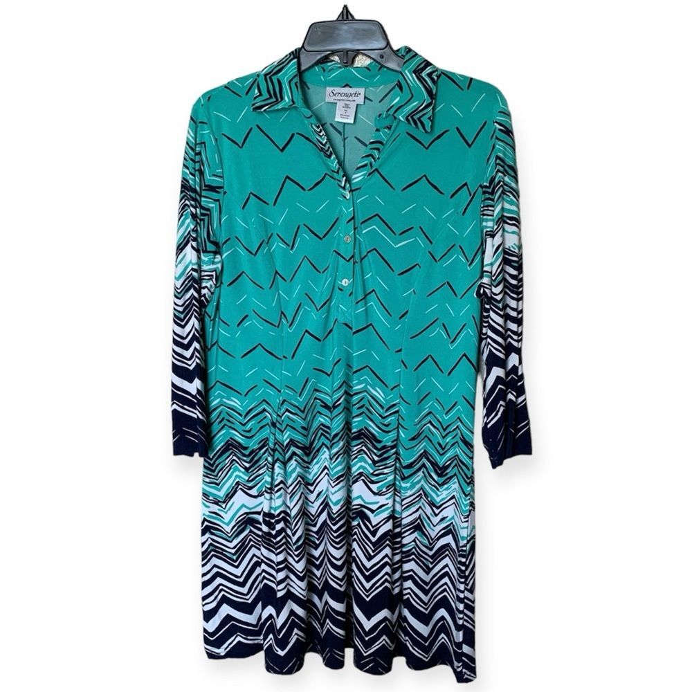 Serengeti Green/Blue/White Collared Swing Knit Dress with Buttons Size Medium